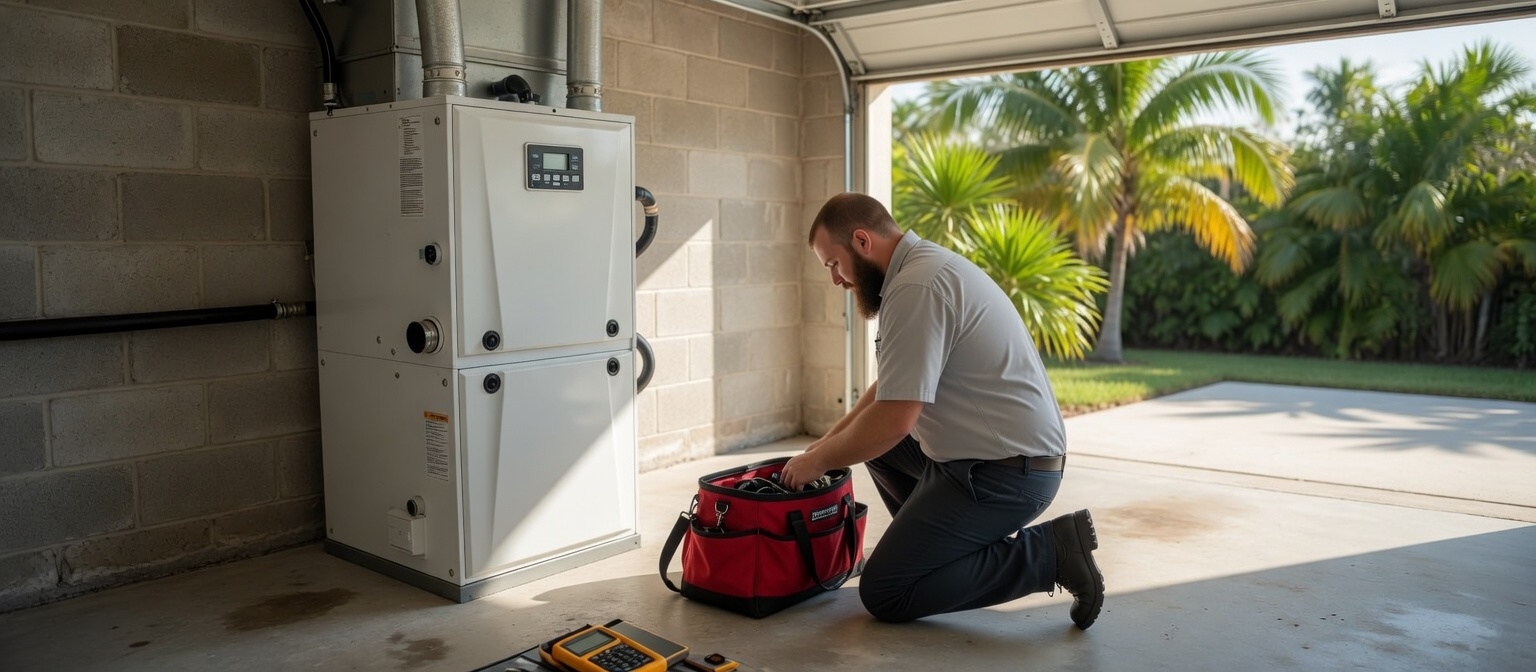 Velocity Air Conditioning technician performing AC service in Indian Rocks Beach, FL