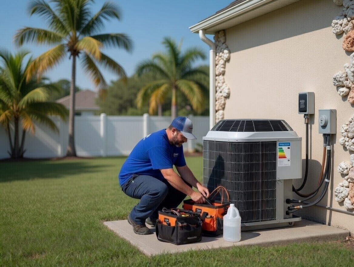 Velocity Air Conditioning technician performing AC service in Indian Shores, FL