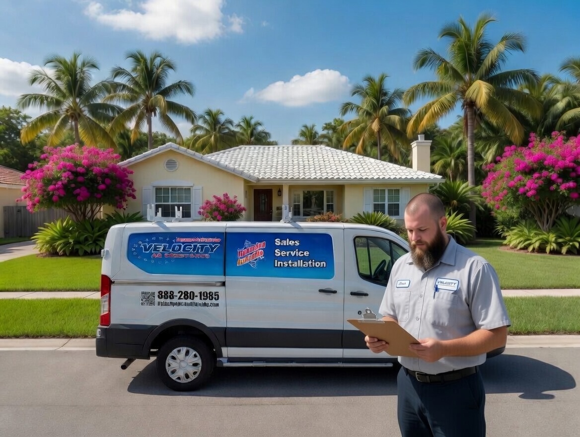 Velocity Air Conditioning technician performing AC service in Land O' Lakes, FL