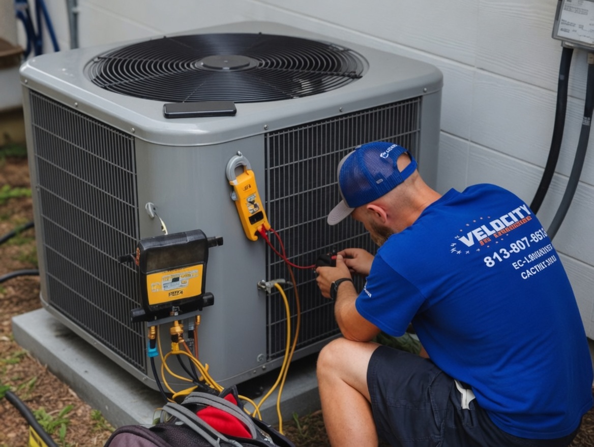 Velocity Air Conditioning technician performing AC service in Port Charlotte, FL