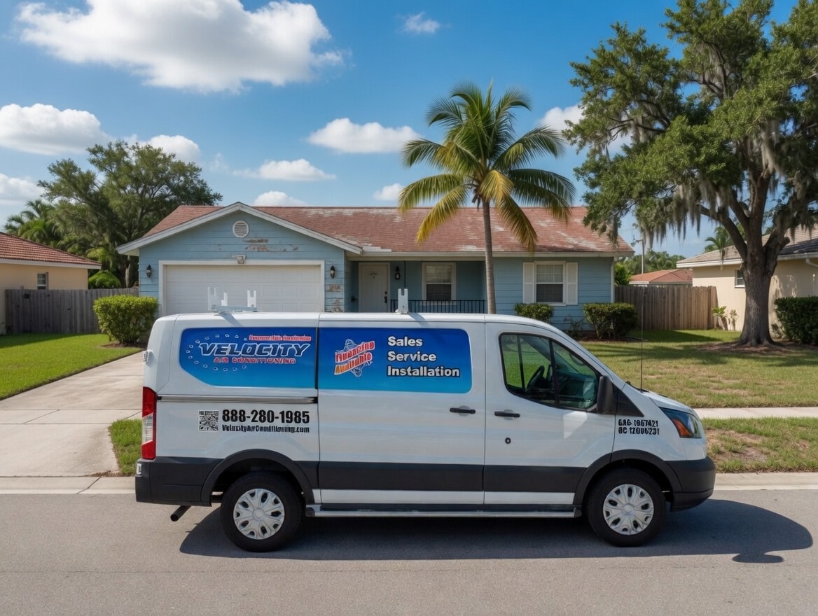 Velocity Air Conditioning technician performing AC service in Venice, FL