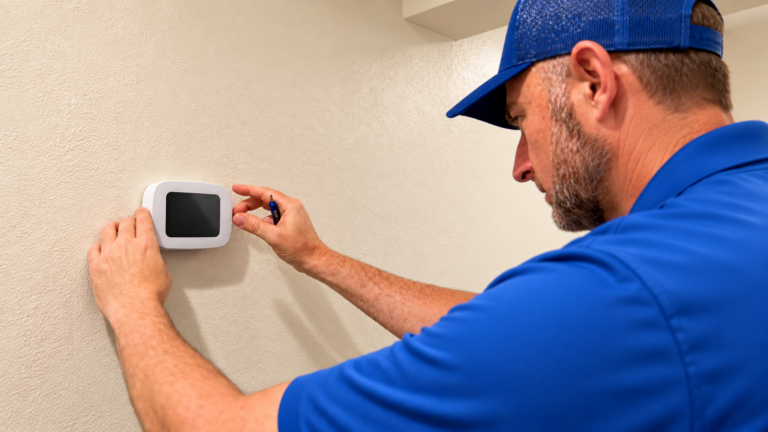Technician adjusting a programmable thermostat during an HVAC service visit