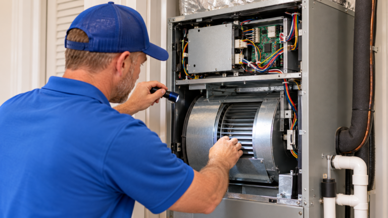 Technician inspecting the open blower section of a variable-speed air handler