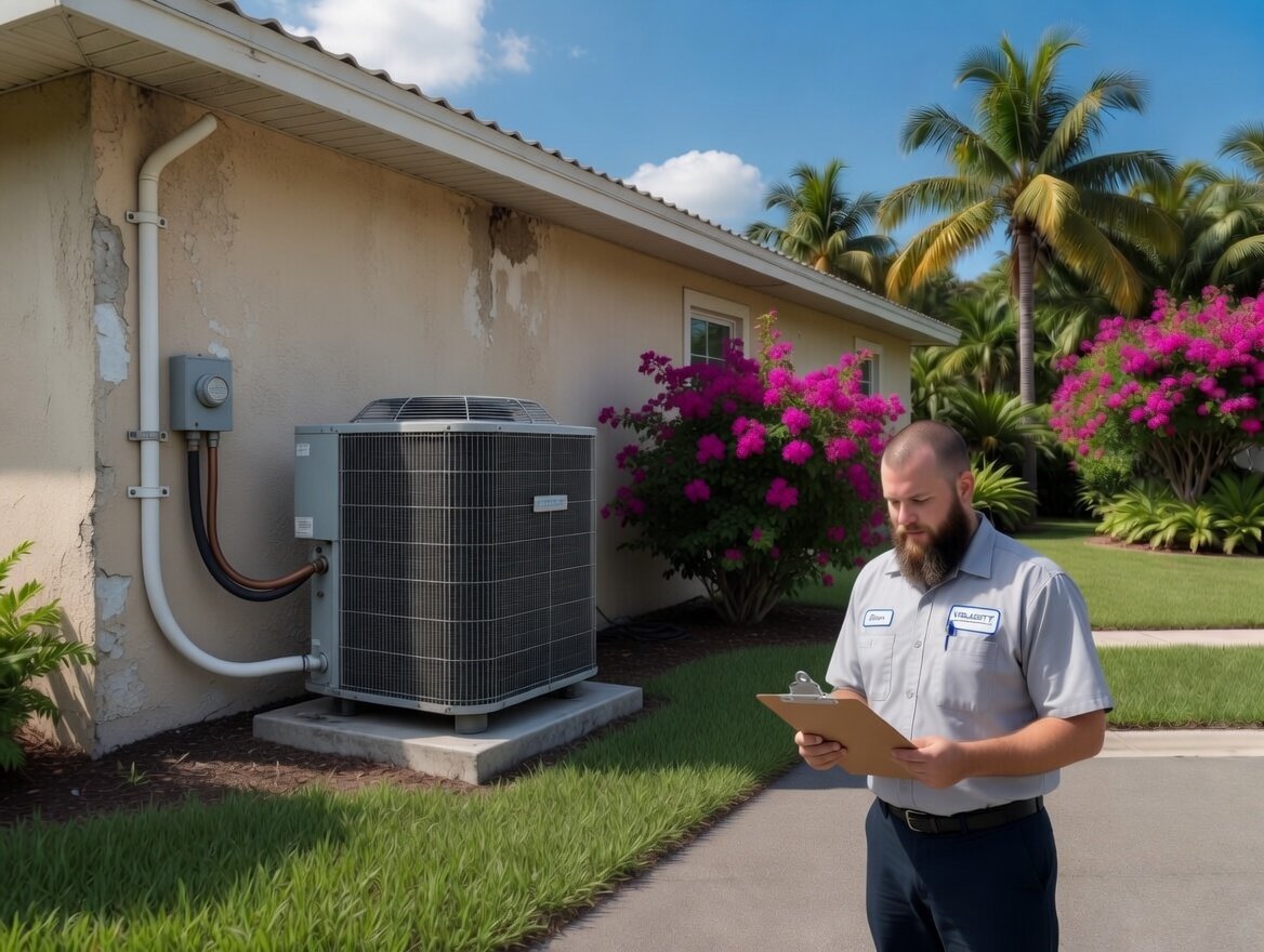 Velocity Air technician inspecting AC repair costs and diagnostics
