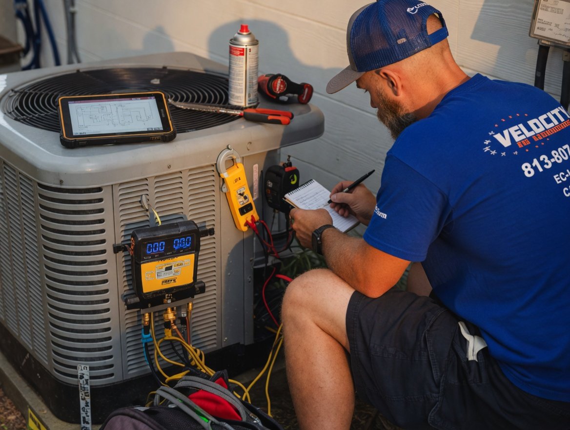 Velocity Air technician and service van at a local home