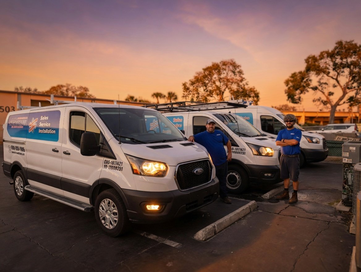 Velocity Air technician and service van at a local home
