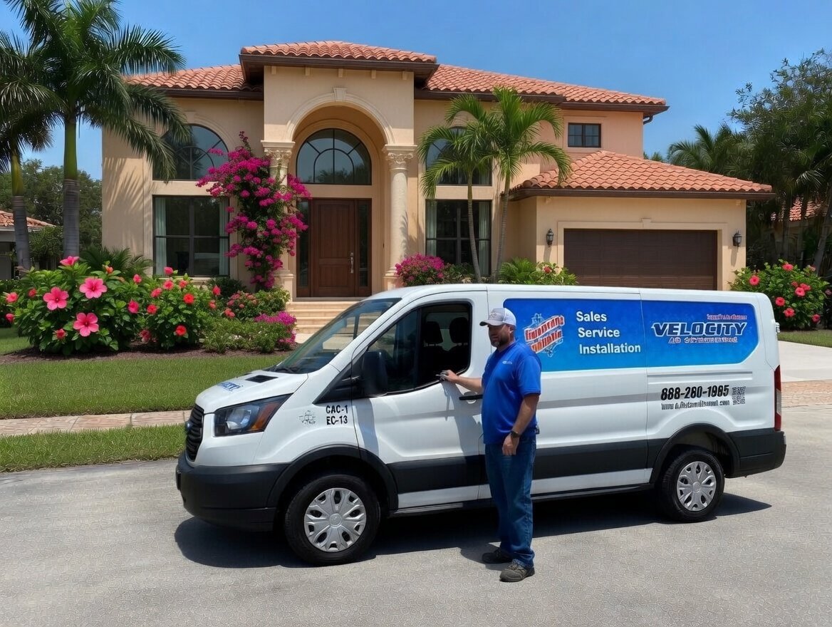 Velocity Air technician and service van at a local home