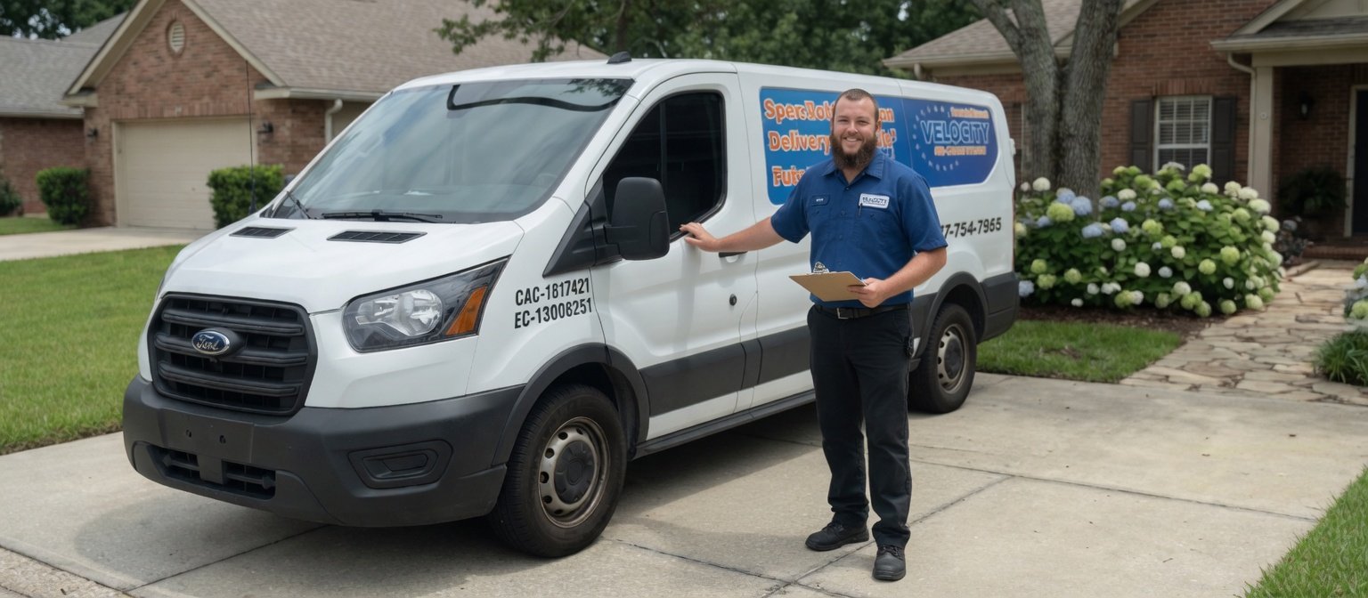 Velocity Air Conditioning technician inspecting HVAC equipment