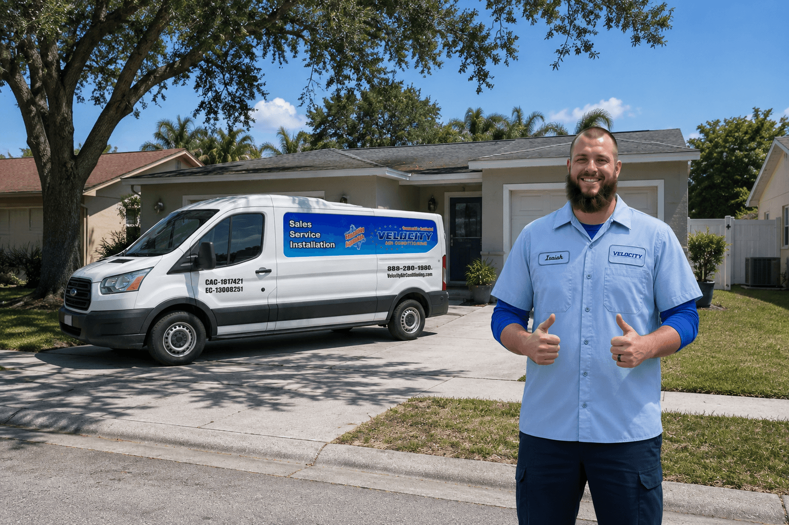 Velocity Air Conditioning technician inspecting a residential HVAC condenser in Lee County