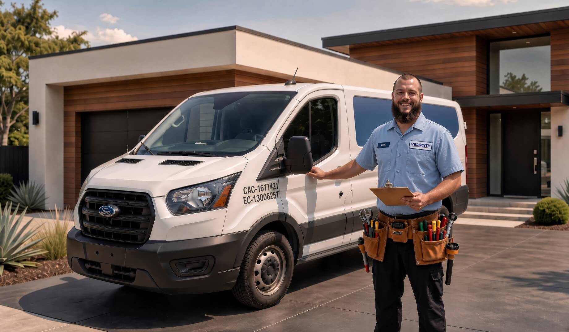 Velocity Air Conditioning technician inspecting a residential HVAC condenser in DeSoto County