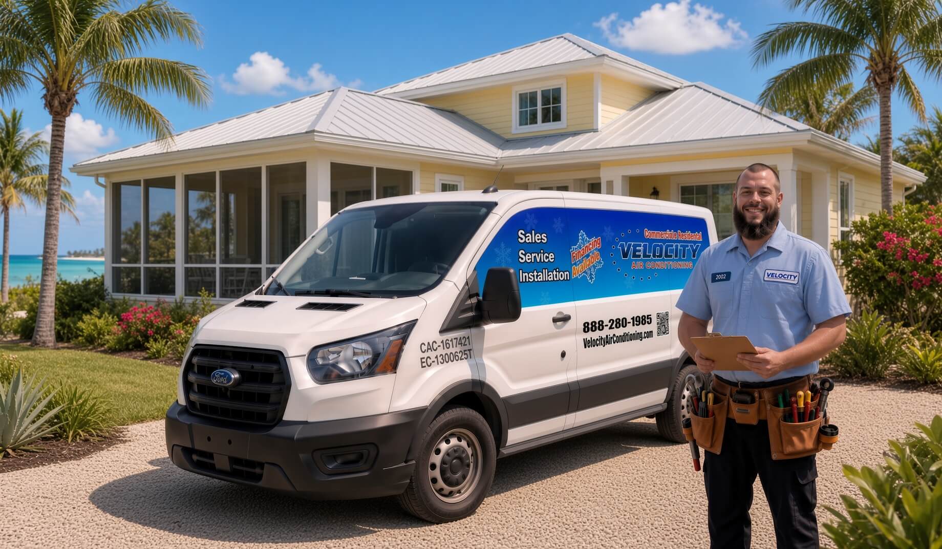 Velocity Air Conditioning technician inspecting a residential HVAC condenser in Polk County