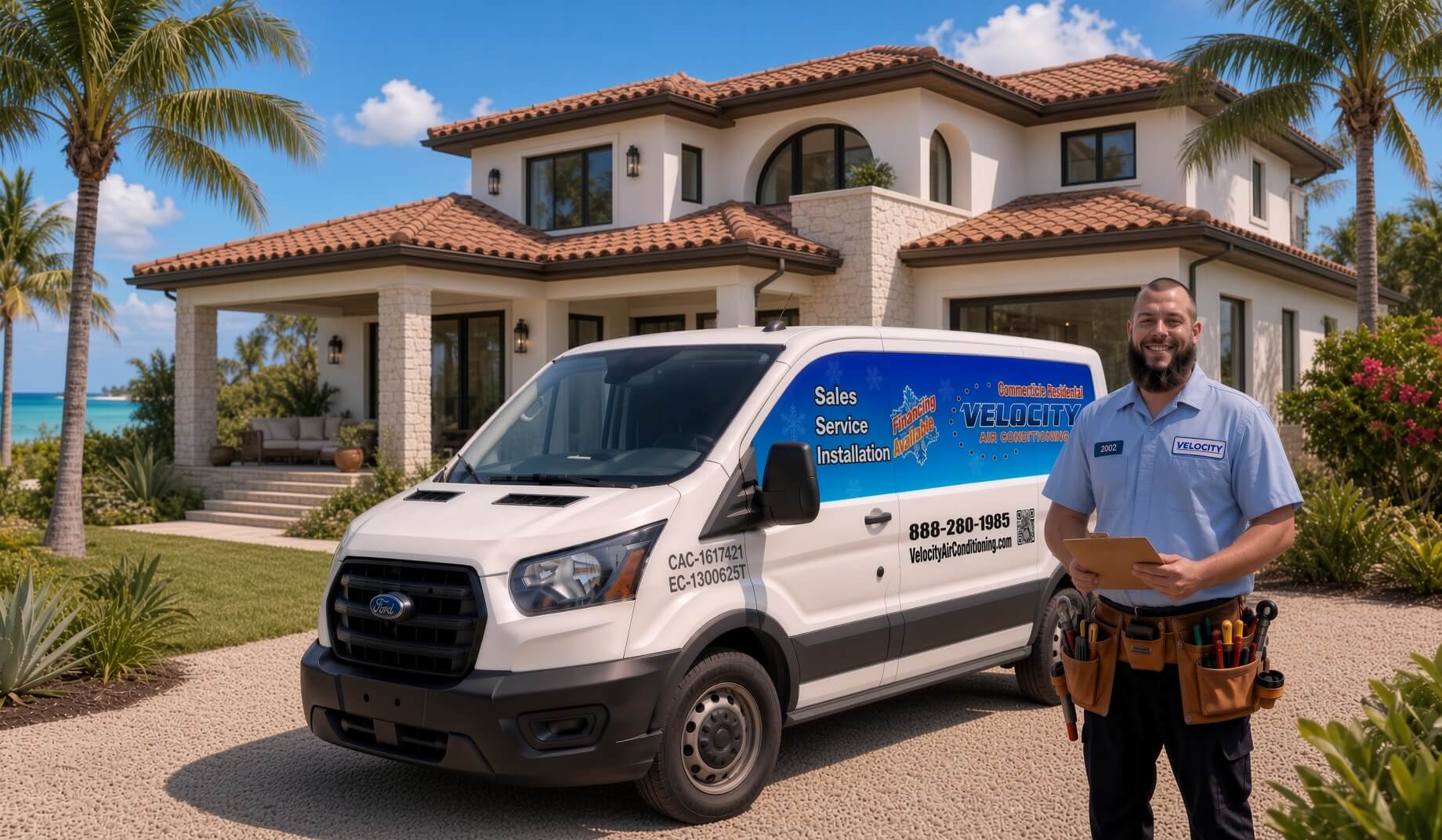 Velocity Air Conditioning technician inspecting a residential HVAC condenser in Hillsborough County