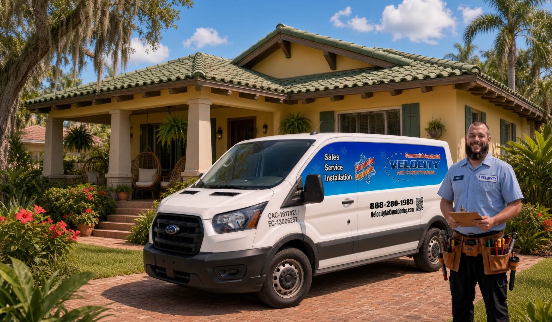 Velocity Air Conditioning technician inspecting a residential HVAC condenser in Hillsborough County