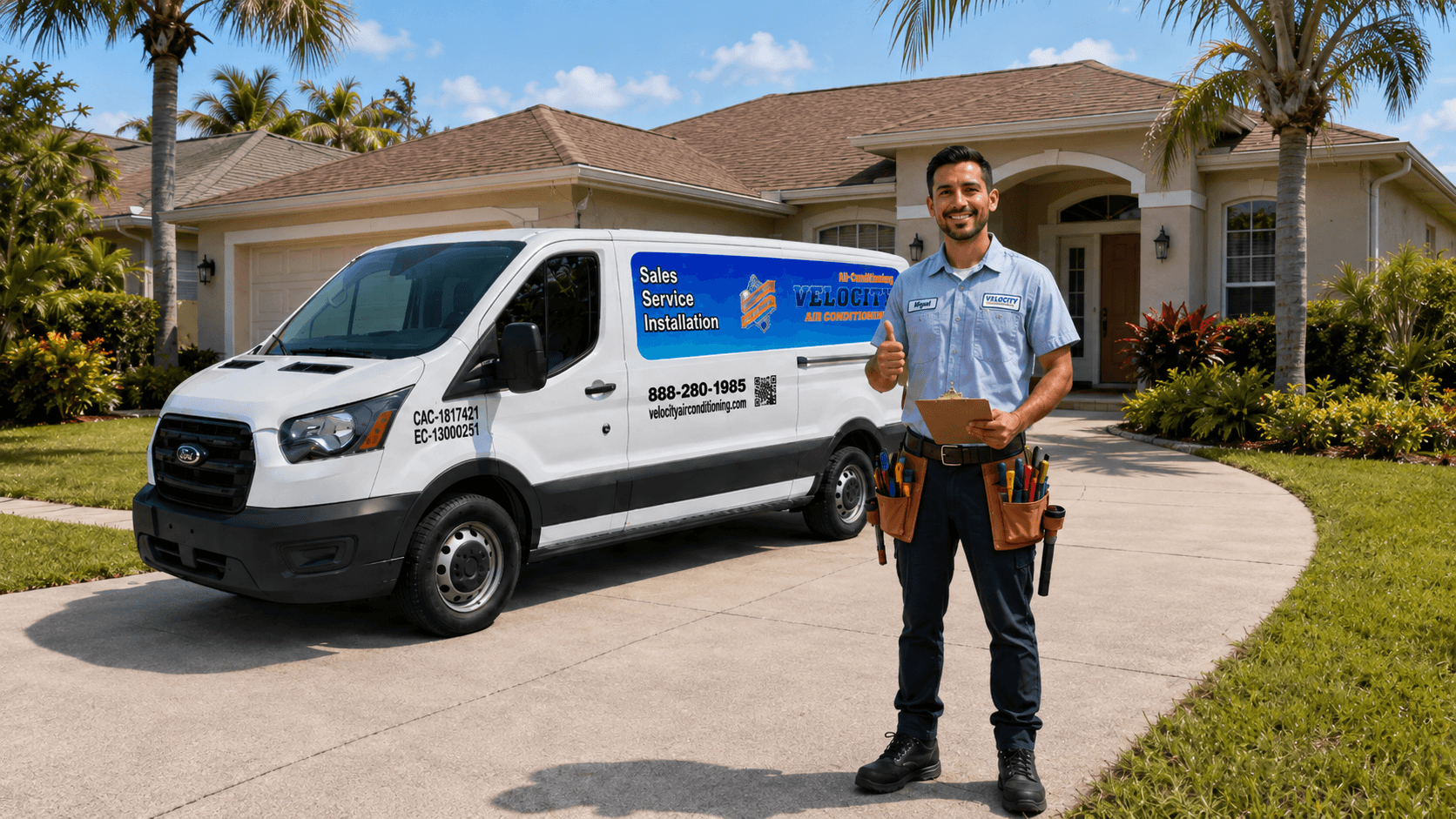 Velocity Air Conditioning technician inspecting HVAC equipment