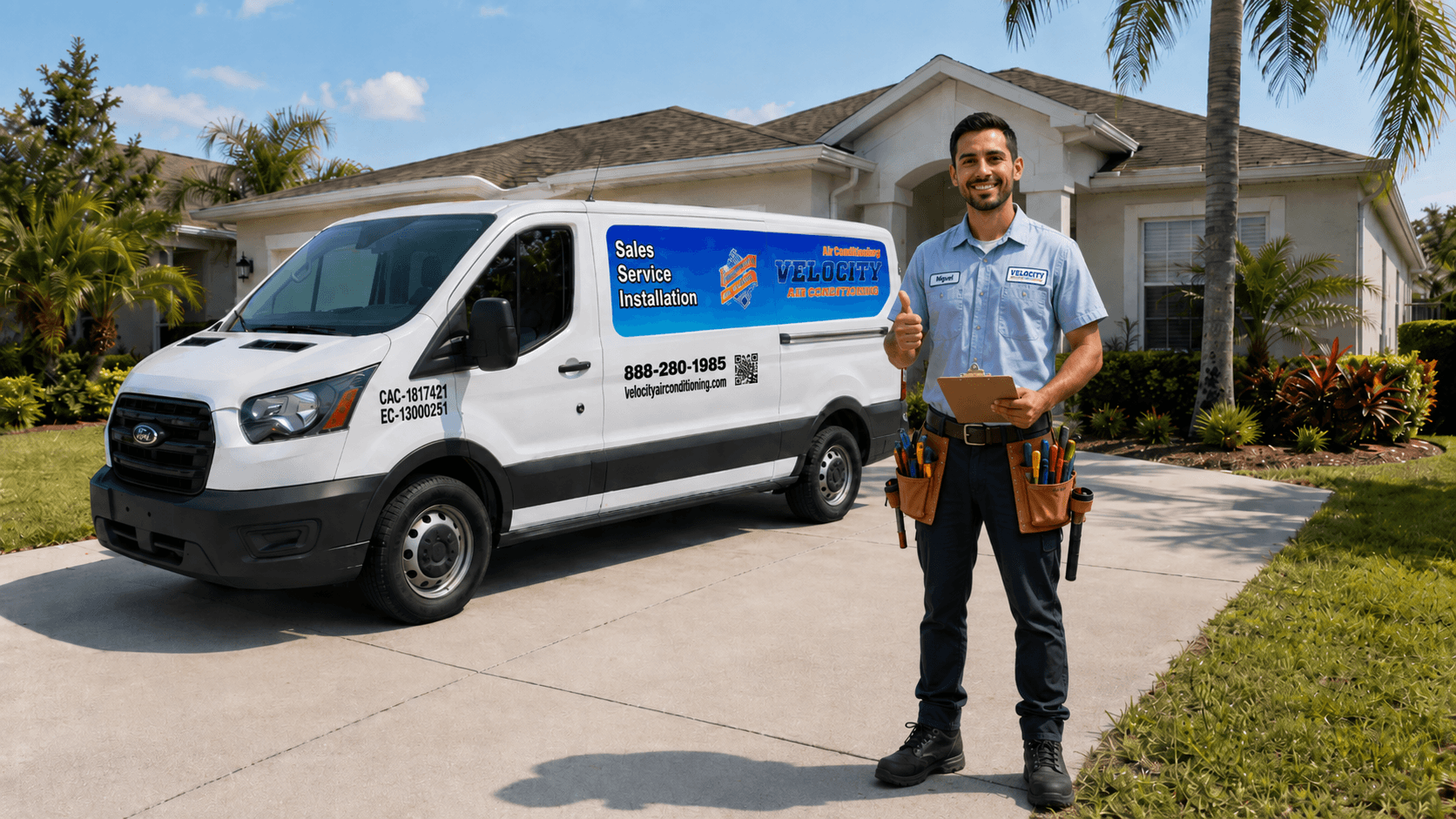 Velocity Air Conditioning technician beside a service van at a Tampa Bay home
