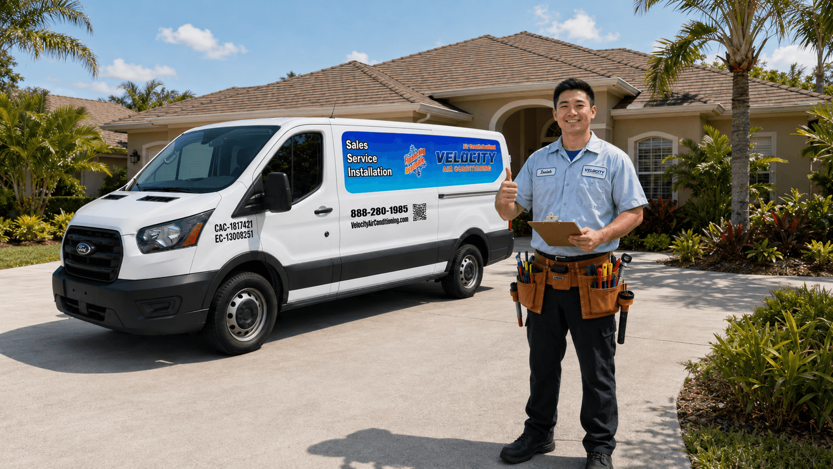 Velocity Air Conditioning technician inspecting HVAC equipment
