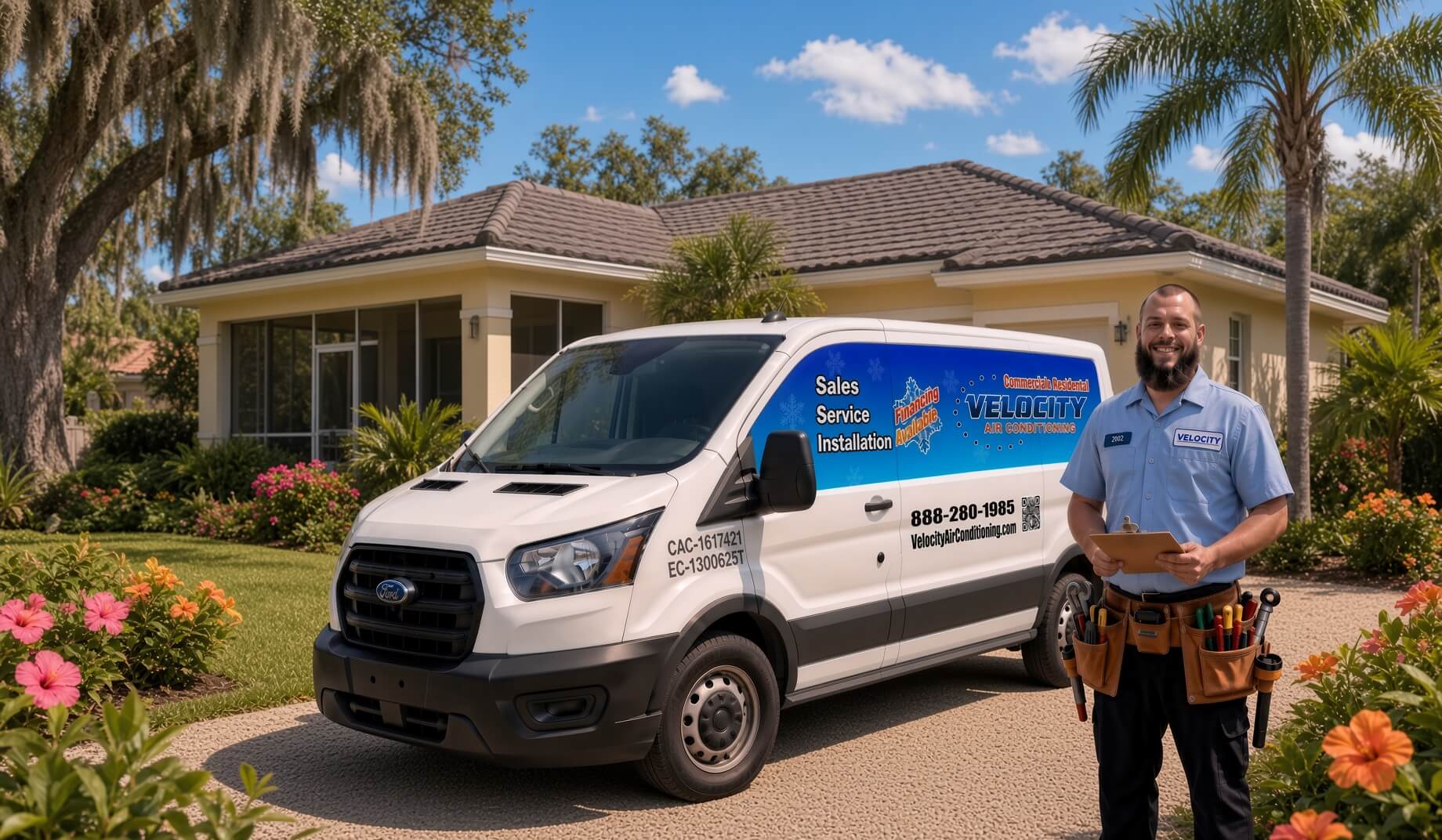 Velocity Air Conditioning technician servicing HVAC equipment in New Port Richey