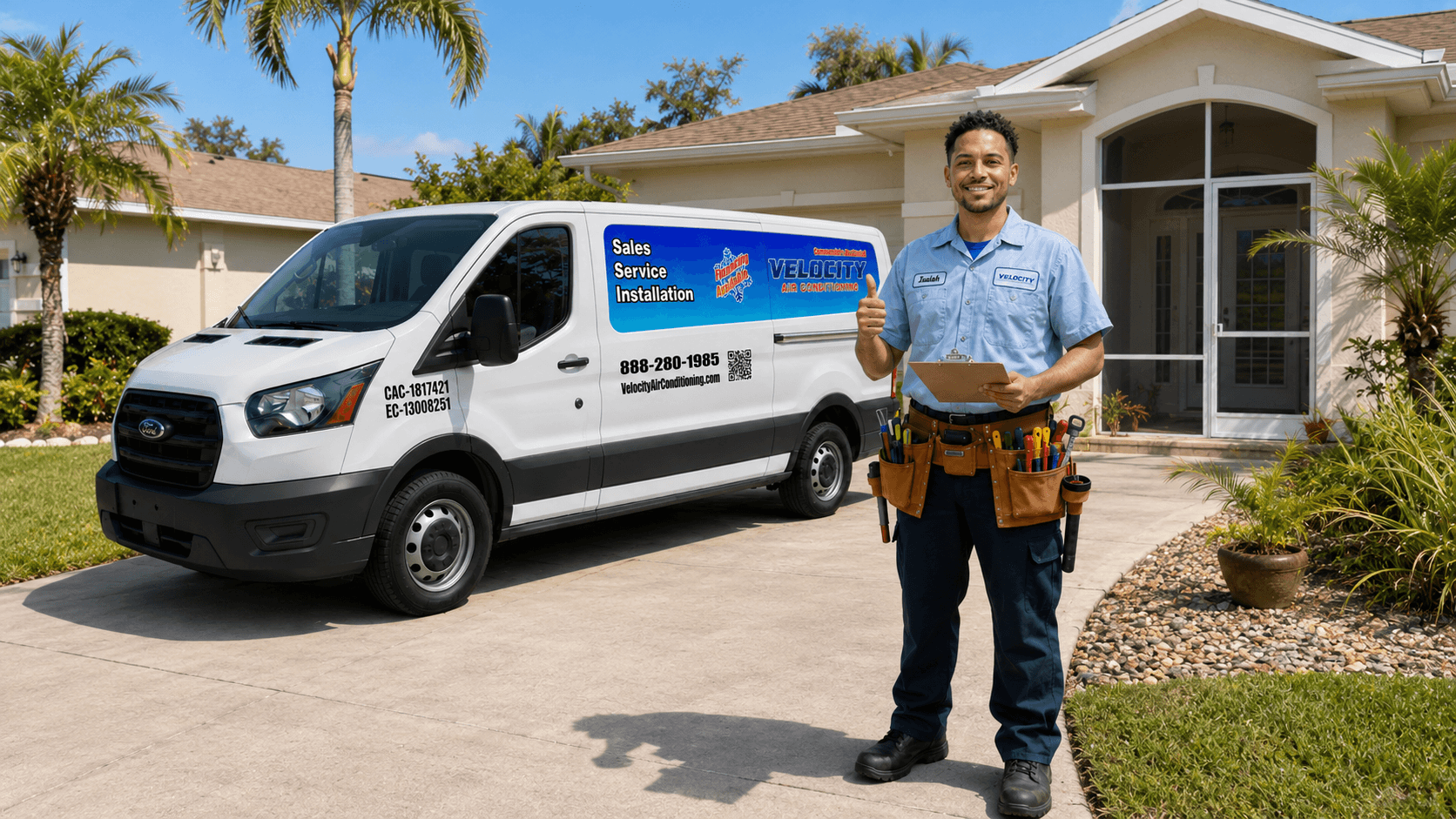 Velocity Air Conditioning technician inspecting a residential HVAC condenser in Pasco County
