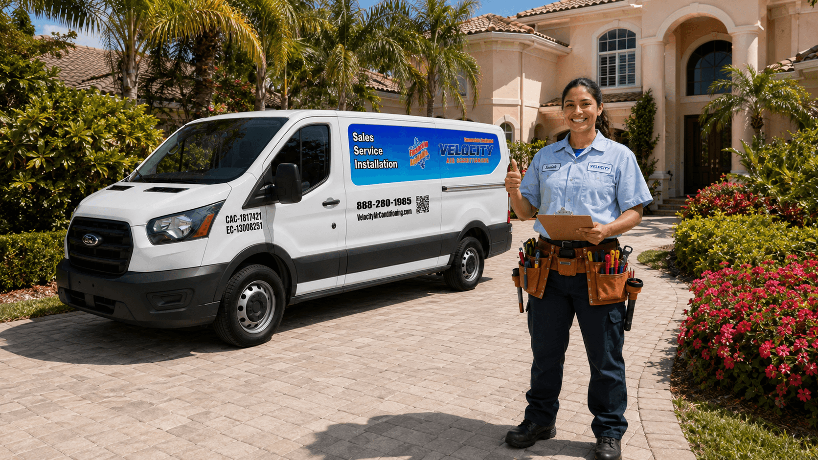 Velocity Air Conditioning technician inspecting HVAC equipment