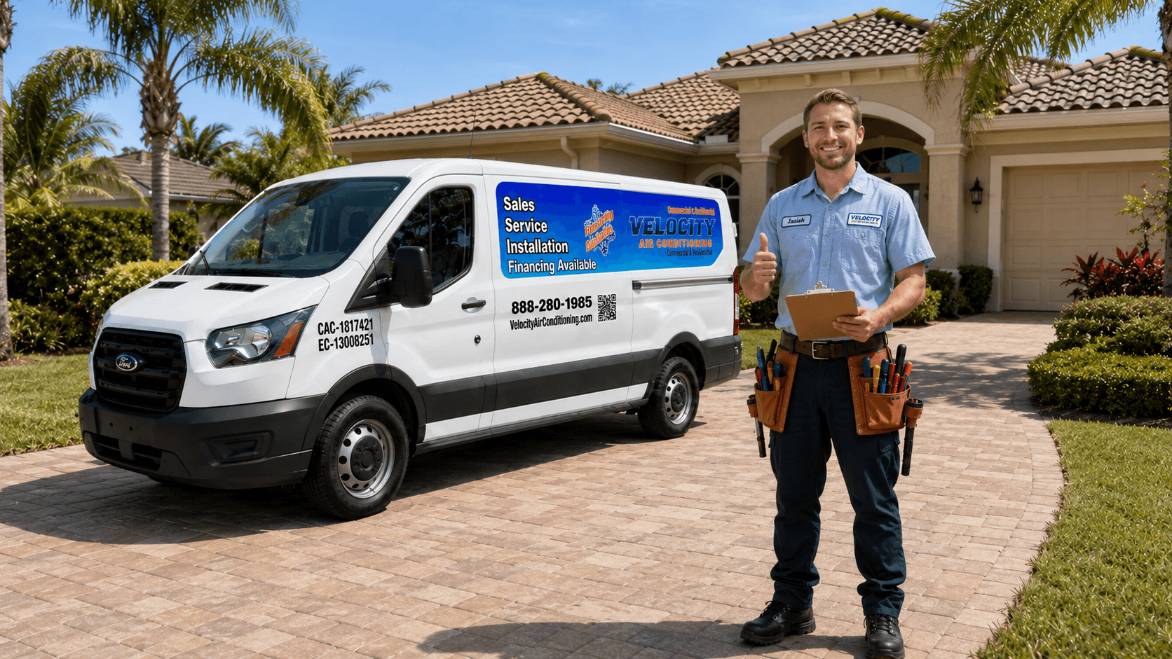 Velocity Air Conditioning technician inspecting HVAC equipment