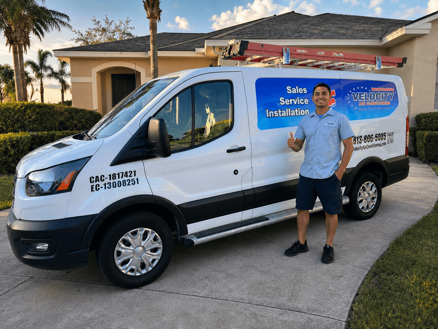 Velocity Air Conditioning technician beside a service van at a Tampa Bay home
