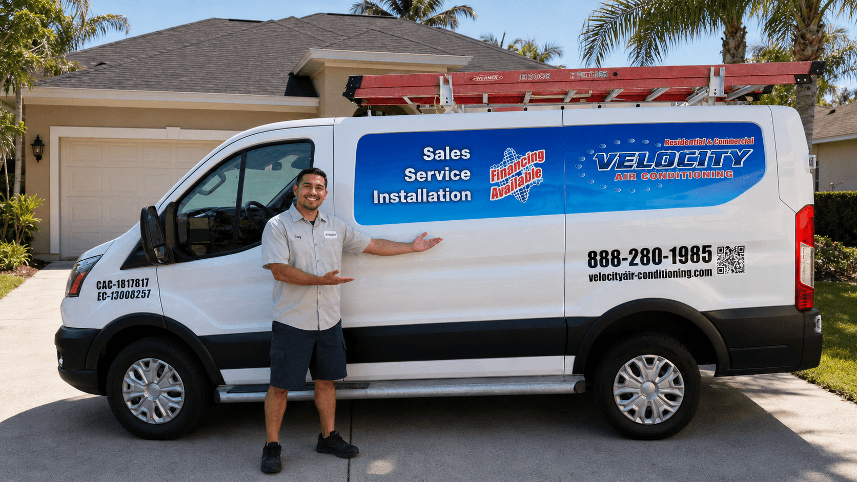 Velocity Air Conditioning technician inspecting a residential HVAC condenser in Pasco County