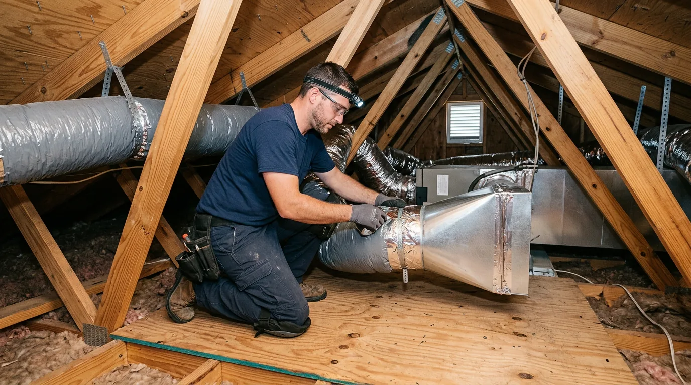 Technician working on an insulated flexible duct connection in an attic.